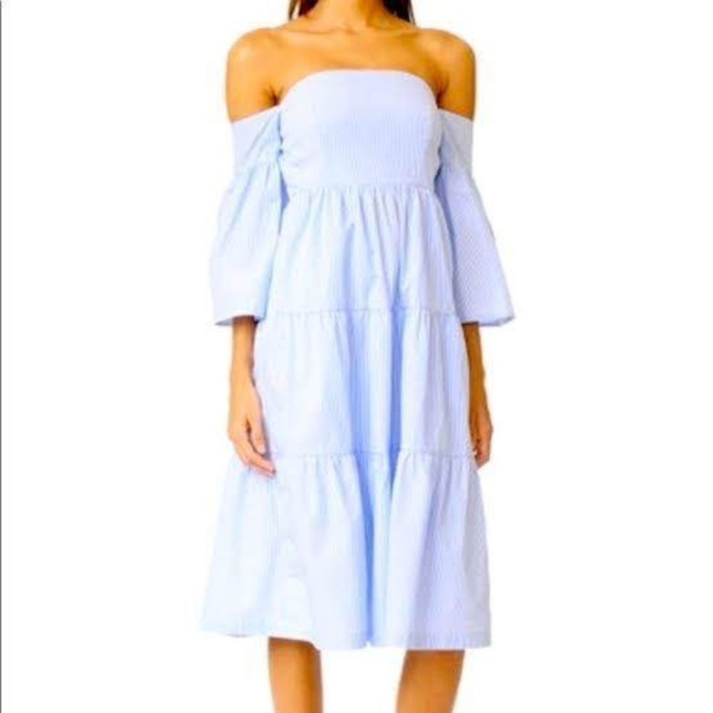 Club Monaco Rhodas Pinstrip Off-the-Shoulder Midi Dress 4 Blue White